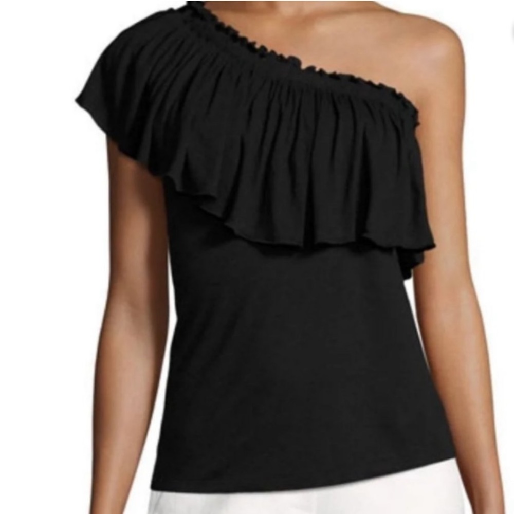 Rebecca Taylor One Shoulder Ruffled Jersey Top in Black